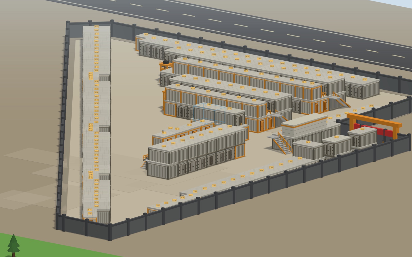 Isometric 3D view of a real container storage site managed in Vaulta